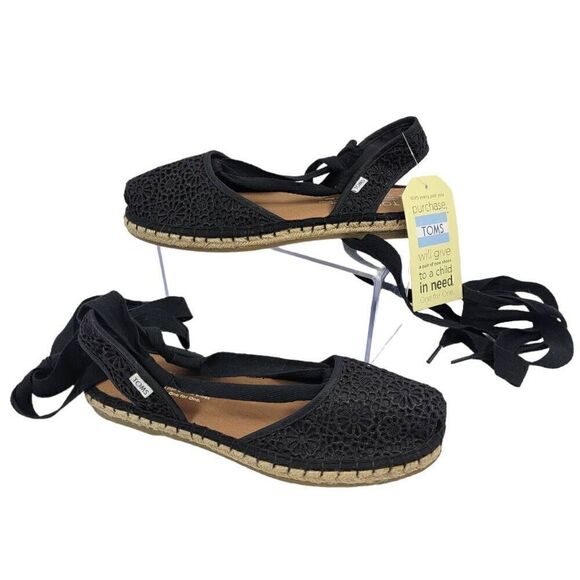 TOMS BELLA Womens Black CROCHET LACE UP ESPADRILLE SANDALS SHOES Size 6.5 - Picture 4 of 10